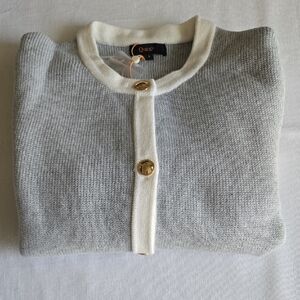 Quince Light Gray 100% Organic Cotton Knit Cardigan Ivory Trim, and Gold Buttons